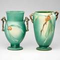 Roseville two green pinecone twohandled vases zanesville oh 1930s both with dieimpressed mark taller 10 12 x 6 dia