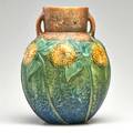 Roseville sunflower twohandled vase zanesville oh 1930 unmarked 9 14 x 7 dia