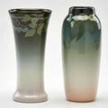Irene bishop kate van horn rookwood two iris glaze vases one decorated with berries and one decorated with flowers cincinnati oh 190809 both marked taller 7 14