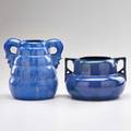 Fulper two vases in chinese blue glaze one ribbed with two handles second gourdshaped with buttressed handles flemington nj ca 19101920s one racetrack mark and paper label one impressed mar