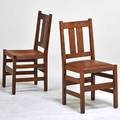 L  jg stickley two side chairs with broad vertical back slats broken side rail to seat of unmarked chair ca 1915 quartersawn oak leather one marked 35 12 x 18 x 19