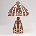Arts and crafts enameled frosted glass table lamp with domed shade and conical illuminated base decorated with stylized roses early 20th c unmarked 19 x 13 dia