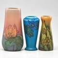 Rookwood three decorated mat vases reversed tapered by sally coyne tapering by charles klinger and corseted by elizabeth lincoln cincinnati oh 192228 all flame marked with shape number and art