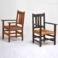 Gustav stickley etc armchair with vertical back slats together with similar arm chair ca 1910 quartersawn oak vinyl unmarked taller 38 12 x 26 x 25