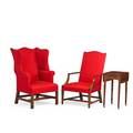 Federal style furniture upholstered wing chair and open armchair together with mahogany dropleaf end table 20th c wing chair 47 x 30 x 27