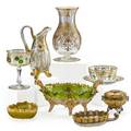 Group of enameled glass eight gilded and polychrome pieces including cut vase and pitcher with floral decoration footed oval dish dresser box two nappies finger bowl with underplate and a ped