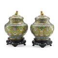 Pair of chinese cloisonne jars enamel on gilded ground with foo dog finials on wooden bases 20th c 10 34 including base