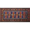 Caucasian kazak oriental area rug repeating geometric design on blue ground ca 1960 48 x 98
