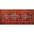 Caucasian kazak oriental area rug repeating geometric design on beige ground ca 1950 47 x 143