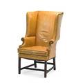 Chippendale style wing chair mahogany frame leather upholstery stretcher base 20th c 43 x 26 12 x 25