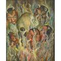Satanic painting oil on board of skull and demonic heads 20th c framed signed illegibly 18 x 15 12