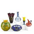 Contemporary art glass six items silver gilt bulbous blue vase blue swirl gourdshaped vase pink ewer yellow vase with iridescent blue base yellow and green bulbous vase and amethyst vase with g