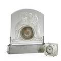 Style of lalique two clocks in clear and frosted glass smaller of square form the larger etched with a courting couple each bearing the signature lalique larger 12 provenance estate of a pr