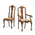 Two dutch marquetry rococo chairs walnut one arm and one side both with upholstered seats and cabriole legs continental 19th c larger 45 12 x 19 x 17