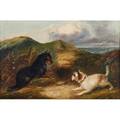 J langlois british 19th c oil on canvas of a black and a white terrier framed signed 19 12 x 29 12