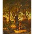 Continental landscape oil on canvas of women with little girl in wooden landscape framed initialed 30 x 25