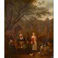Dutch genre painting oil on canvas of village market scene 18th c framed signed w mieris 19 34 x 17 34