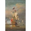 English nautical scene oil on canvas of a manofwar engaged in battle 18th19th c framed 32 x 21