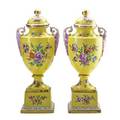Pair of german porcelain urns handpainted floral decoration on yellow ground with meissen type cross sword marks early 20th c 16