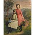 American naive portrait oil on canvas portrait of two young girls late 19th c framed 37 x 29
