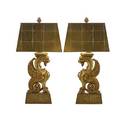 Pair of griffin figural lamps gilded wood decoration with tapered rectangular shades continental 20th c 43 including shades