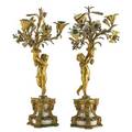 Pair of louis xv style three light candelabra gilt bronze and marble each with infant supporting a bouquet of flowers late 19th c 22