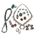 Native american silver jewelry fourteen pieces including one necklace one headband two bracelets seven rings two pair earrings and a money clip 20th c larger necklace 28