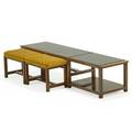 Edward wormley 1907  1995 dunbar coffee table and two tuckaway benches berne in 1960s stained and lacquered walnut upholstery brass d label table 15 12 x 66 x 17 benches 14 14 x 1