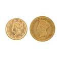 Us gold coins or medals three pieces 1854 1 dollar gold coin 1873 1 dollar gold coin and a 1977 jimmy carter 14k medal