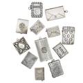 Sterling stamp cases twelve english american and german sterling or 800 silver including two with fleur de lis four envelope form us mail satchel form elks club credential case etc most