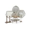 English and american silver plate for the table ten pieces four trays pair of candlesticks 12 bun warmer large punch ladle pie server warming stand early 20th c largest tray 24 over hand