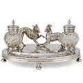 Silver plated figural ink stand two hounds at play with fitted ink bottles 19th c english hallmarks 5 12 x 10 x 7 12
