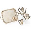 French sterling coffee service four pieces comprising coffee pot creamer covered sugar and silver plate tray each with shell and rocaille decoration late 19thearly 20th c coffee pot 9 12