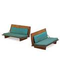Frank lloyd wright 1867  1959 pair of folding benches madison wi 1951 birch plywood steel chain upholstery branded mark flw 51 20 x 22 x 21 12 provenance meeting house first unitari