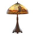 Handel table lamp with chippedglass woodlands scenic shade meriden ct ca 1910 reversepainted glass patinated copper three sockets shade stamped handel and signed handel 7111 base stamped