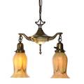 Quezal adjustable hanging fixture with two pulled feather quezal glass shades usa 1900s patinated metal glass two sockets glass etched quezal fixture unmarked to ceiling cap 30 12 x 16 s