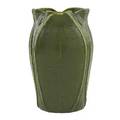 Grueby vase with lobed rim and fullheight leaves and buds curdled green glaze boston ma ca 1905 obscured stamp 7 12 x 4 12