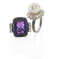 Two amethyst or pearl  diamond white gold rings