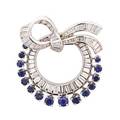 Diamond sapphire  white gold ribbon brooch
