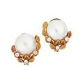 David webb mabe pearl diamond  gold ear clips