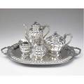 Mexican silver coffee  tea service five pieces include 9 12 coffee pot 7 12 tea pot covered sugar bowl 4 14 creamer and footed tray ca 1950 melon ribbed bodies with scroll handles and bl