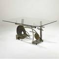 Silas seandel primative dining table with rectangular glass top over patinated welded steel base and bronze elements signed silas seandel 75 with copyright 29 x 66 x 40