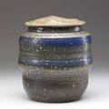 Karen karnes saltglazed stoneware lidded jar covered in brown and blue striped glazes 8 34 x 8 12