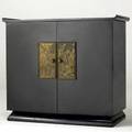 James mont  stromberg carlson stereo cabinet in black lacquer finish with chinesemotif embossed panels stromberg carlson metal tag fitted with stromberg carlson stereo 35 x 39 12 x 19 14