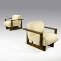 Vladimir kagan pair of walnut cubist chairs upholstered in cream fabric with woven pattern 30 x 31 x 36