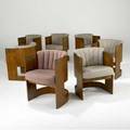 Vladimir kagan set of seven barrel chairs upholstered in woven fabric on walnut bentwood frames 28 x 22 x 22
