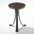Edward wormley  dunbar constellation occasional table with circular wood inlays to black lacquered top on molded walnut base dunbar brass tag 19 x 13 dia
