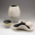 Russel wright  bauer three ceramic pieces freeform vase and bowl and foursided dish all covered in frothy matte and semimatte glazes all marked 9 x 8 4 12 x 13 12 and 5 sq