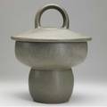 Chris gustin large covered footed ceramic jar covered in mottled gray glaze with white interior signed gustin 15 x 12 dia
