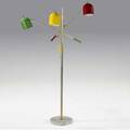 Modern floor lamp with three adjustable enameled metal shades in red yellow and green on brass stem and marble base 60 x 39 dia
